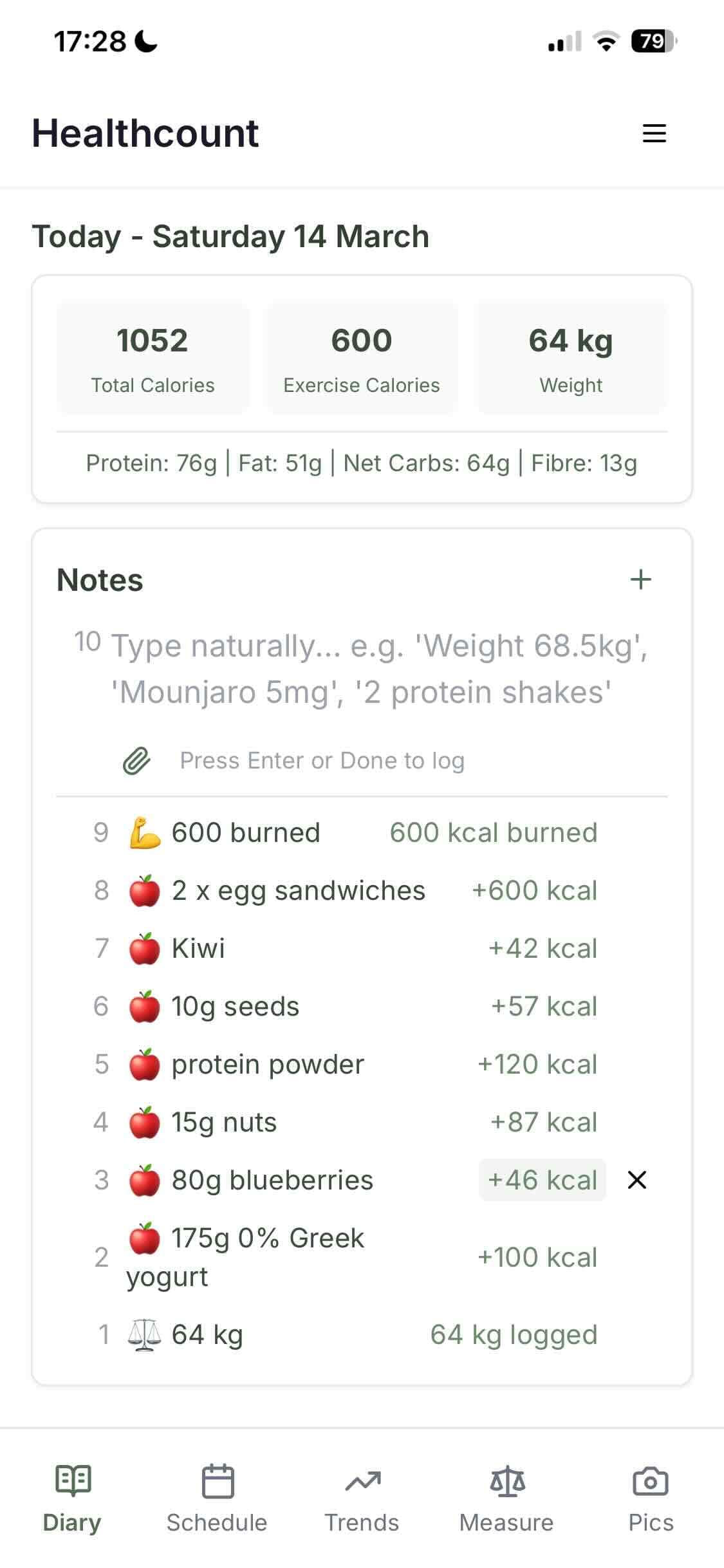 Healthcount diary view - free Cronometer alternative with natural language food logging