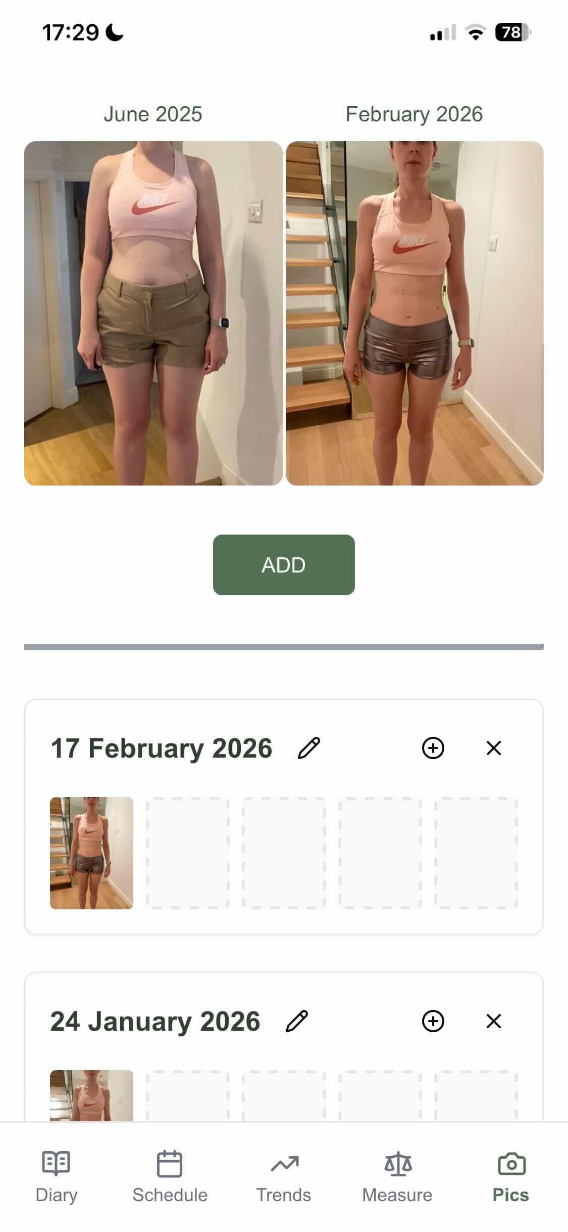 Before and after progress photos with body measurements in Healthcount