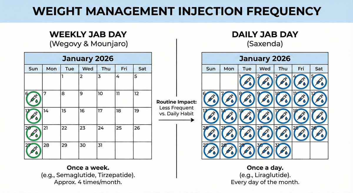 A simple calendar graphic showing weekly jab day vs daily jab