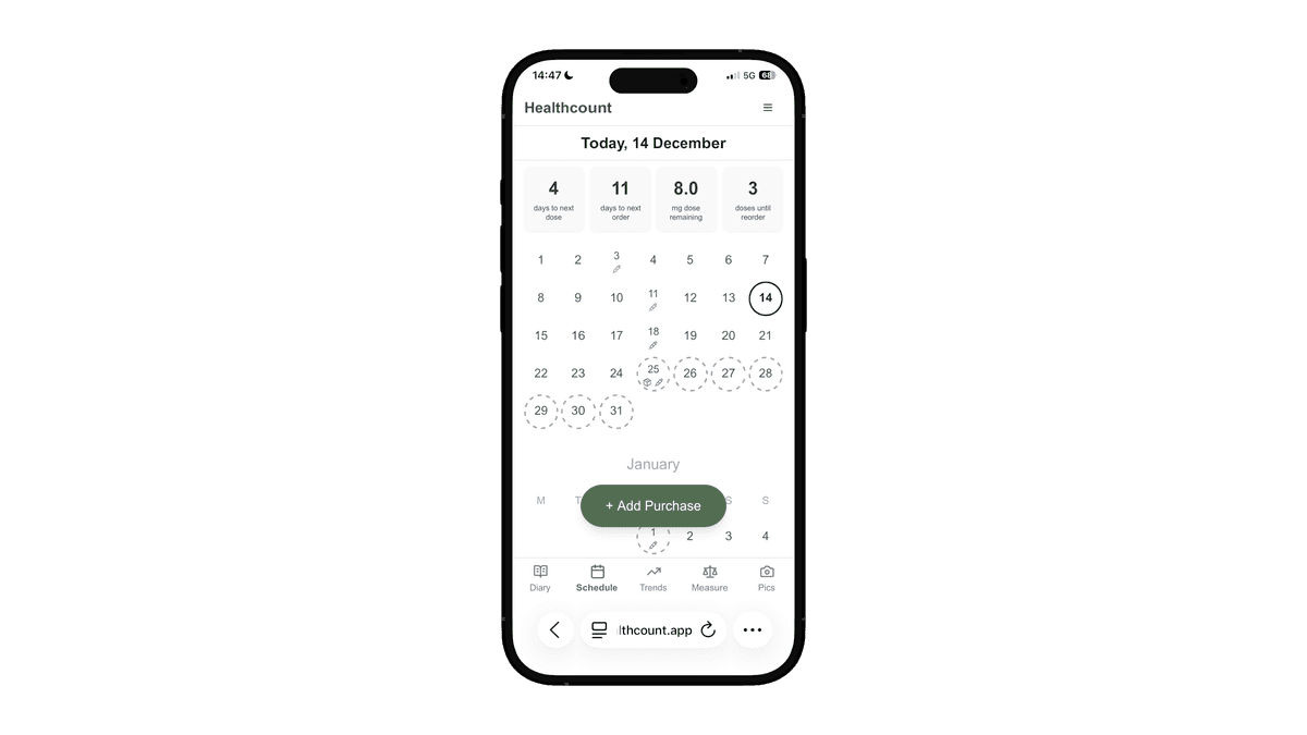 Healthcount dose logging interface for tracking medication.