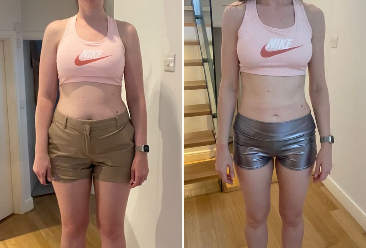 Two photos of the same woman in the same hallway thirteen months apart, cropped at the shoulders: 75.7kg on the left, around 64kg on the right.