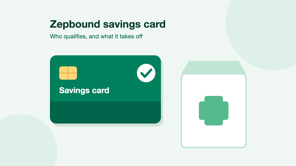 A green savings card with a white tick beside a pharmacy bag, under the words Zepbound savings card.