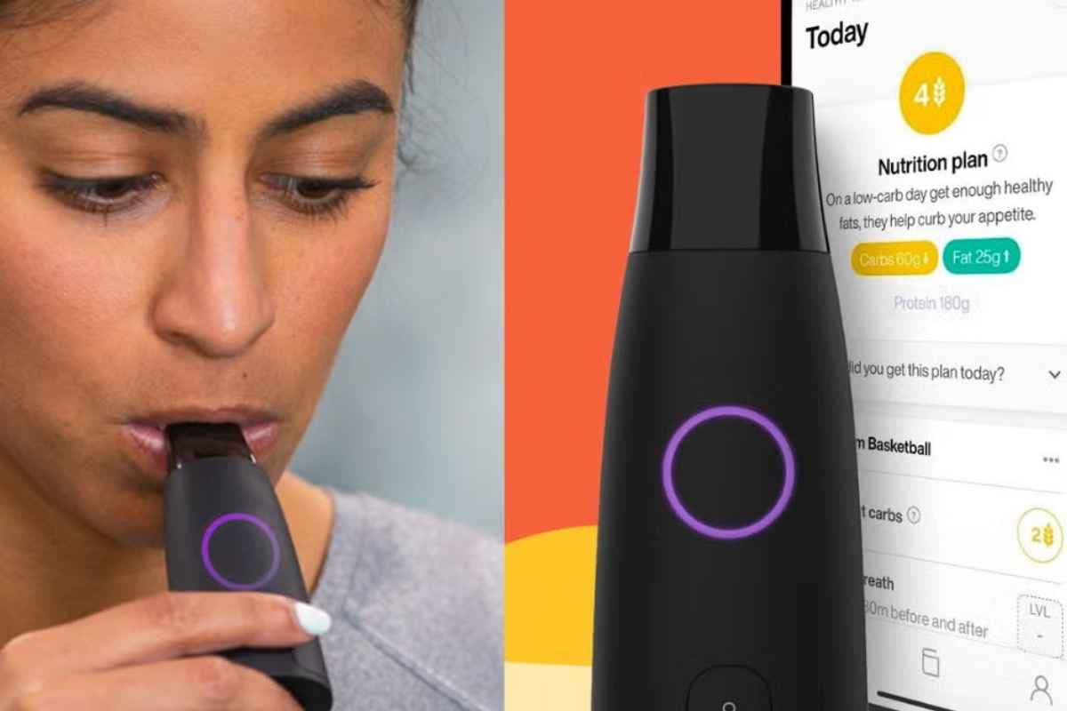 A woman breathing into a small handheld metabolism device, shown next to the device and its app.