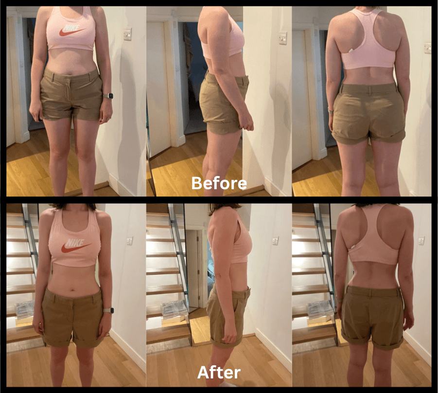Anna's transformation journey - Before and After progress photos showing front, side, and back views