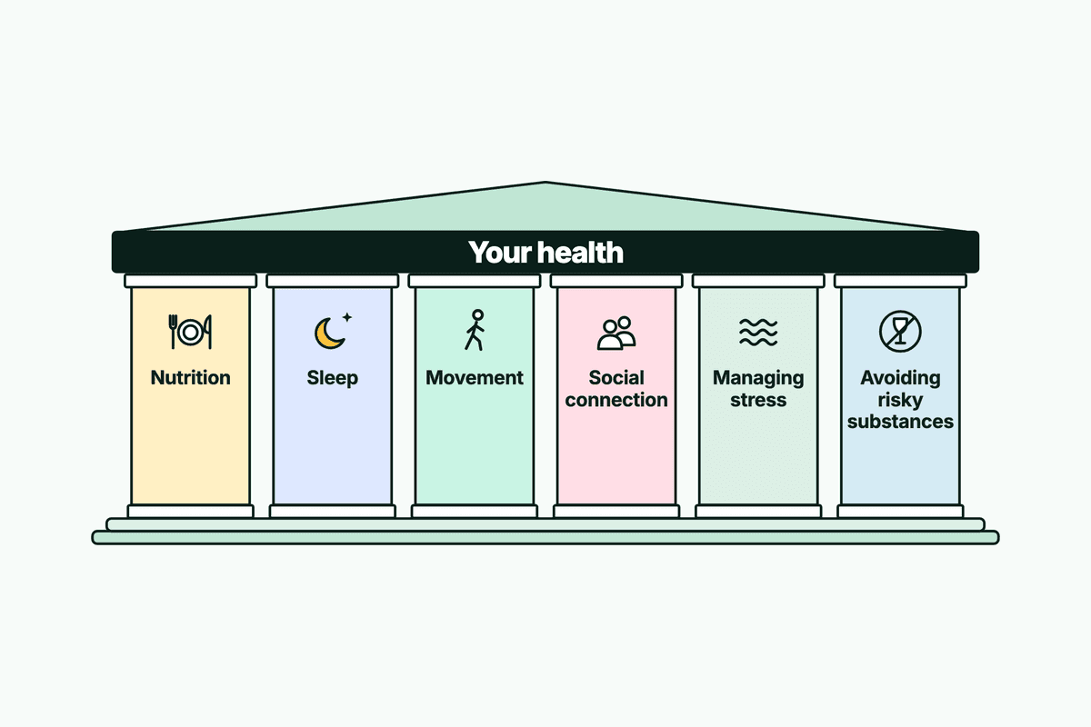 Six coloured columns, from Nutrition and Sleep to Avoiding risky substances, holding up a roof labelled Your health.
