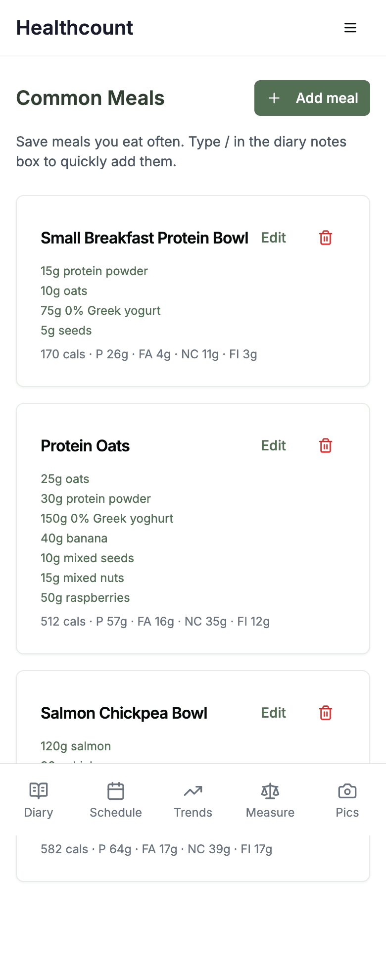 Healthcount common meals page listing saved meals with their ingredients and macros