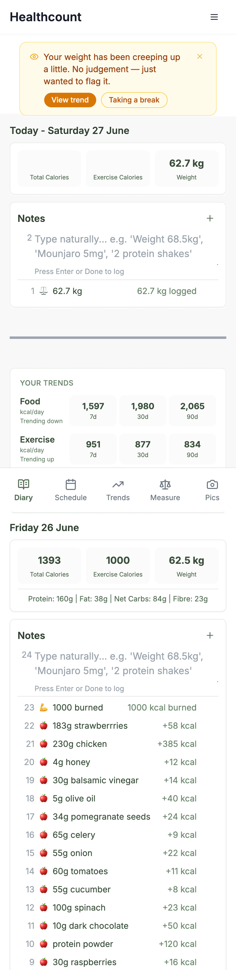 Healthcount diary page showing a gentle check-in banner, the plain-English notes box, the daily summary cards, and 7, 30 and 90 day trends
