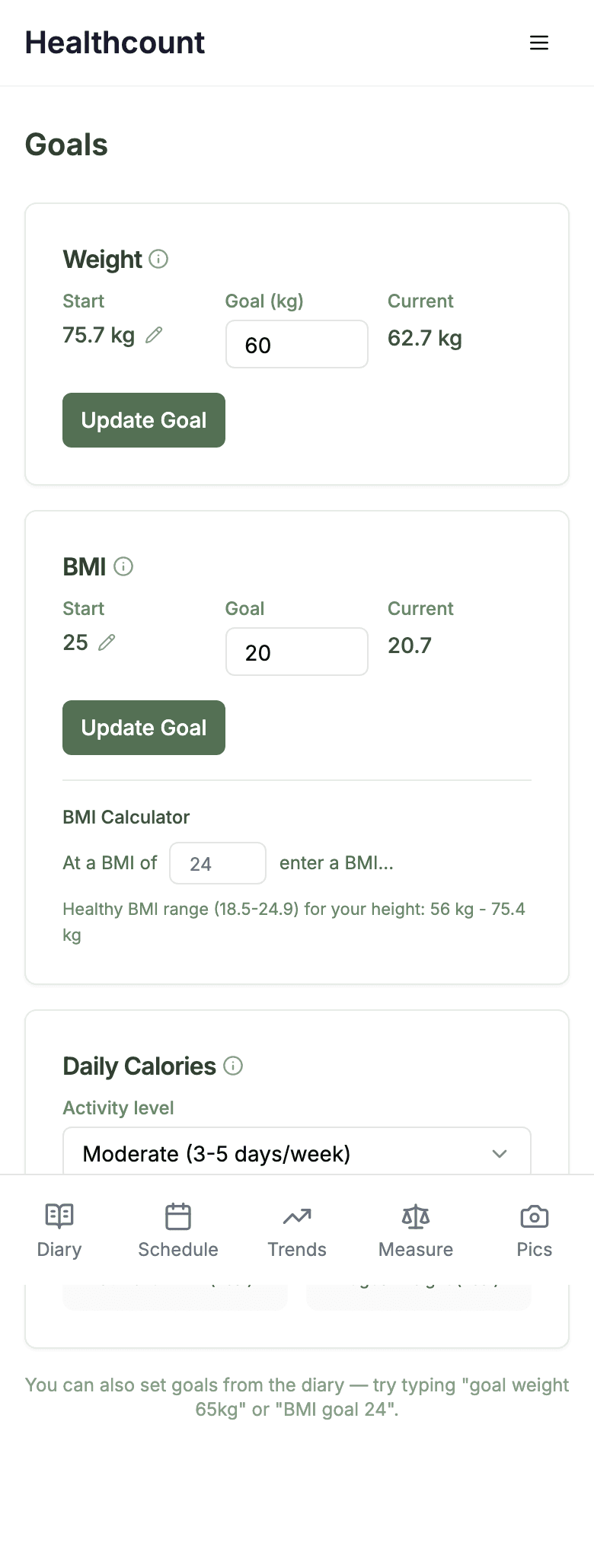 Healthcount goals page showing weight goal, BMI goal with a BMI calculator, and a daily calories section
