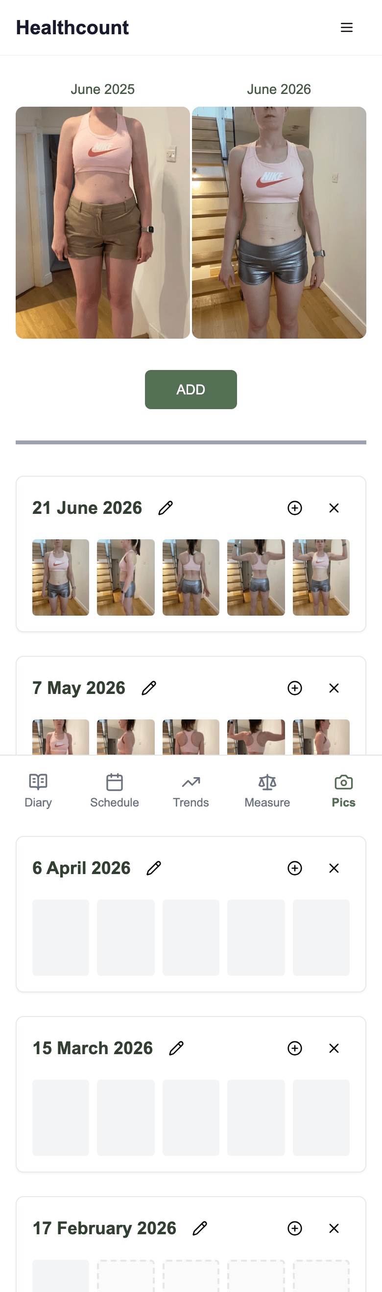 Healthcount pics page comparing dated progress photos side by side