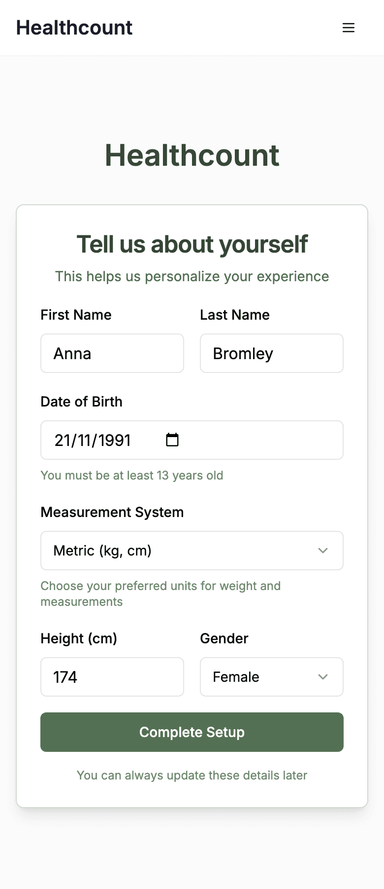 Healthcount onboarding form asking for first name, last name, date of birth, measurement system, height and gender