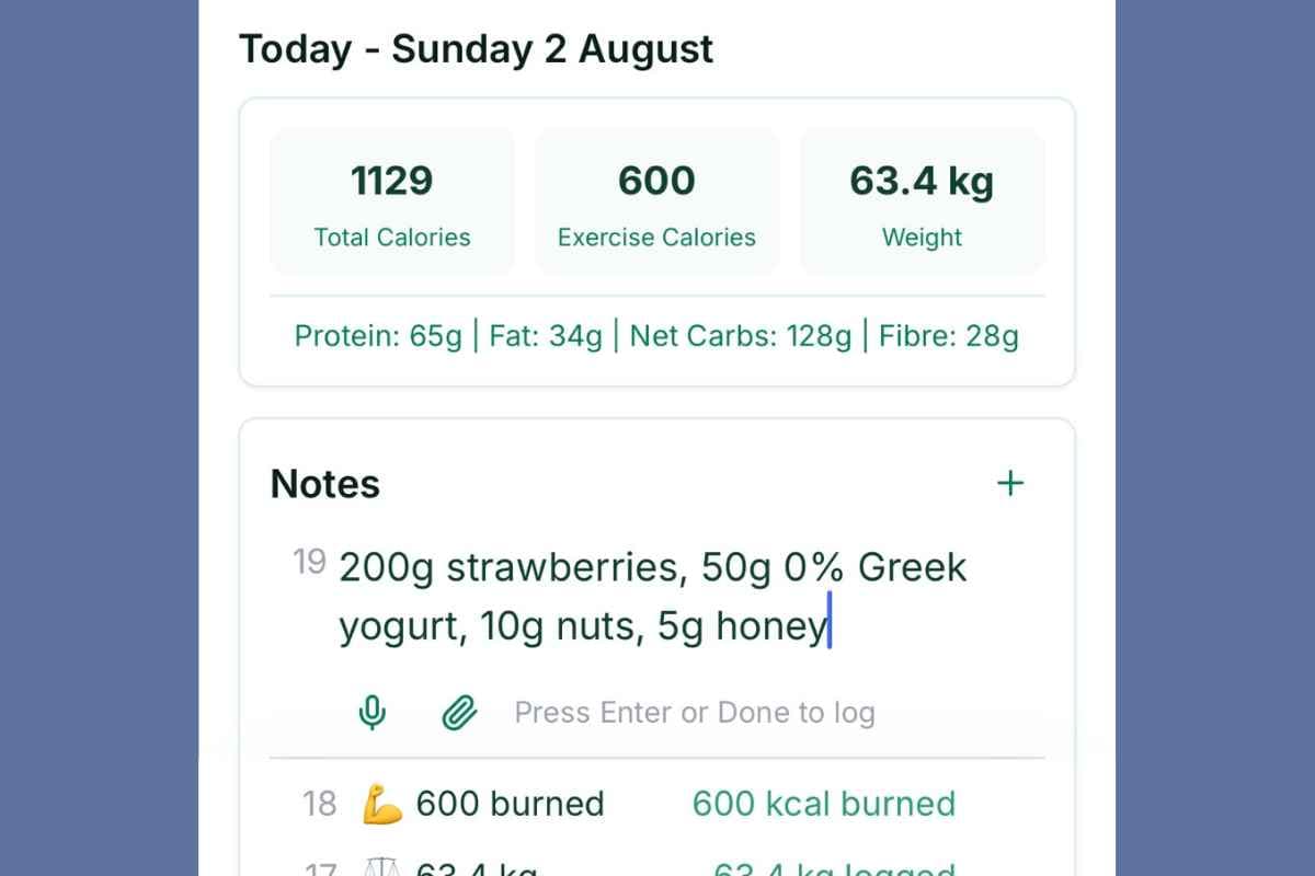 A Healthcount diary day showing calories, weight and macros, above a notes field where a meal is being typed out in plain English.