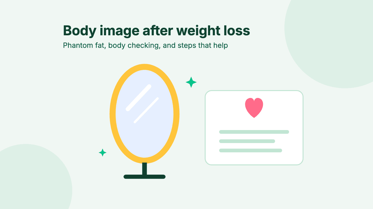An oval standing mirror with a yellow frame, beside a white note card with a pink heart and three lines of writing.