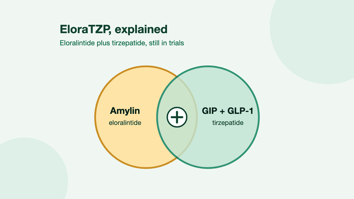 Two overlapping circles, a yellow one labelled amylin, eloralintide, and a green one labelled GIP plus GLP-1, tirzepatide, with a plus sign where they meet.