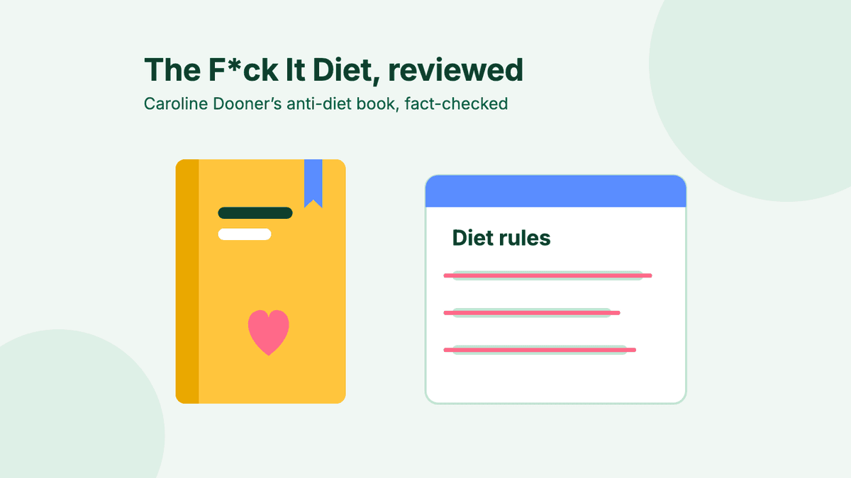 A yellow book with a pink heart on the cover, beside a notepad headed Diet rules with every rule crossed out.