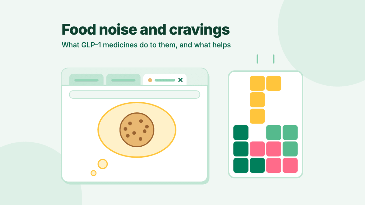 A browser window with a thought bubble holding a biscuit, beside a stack of brightly coloured falling blocks.