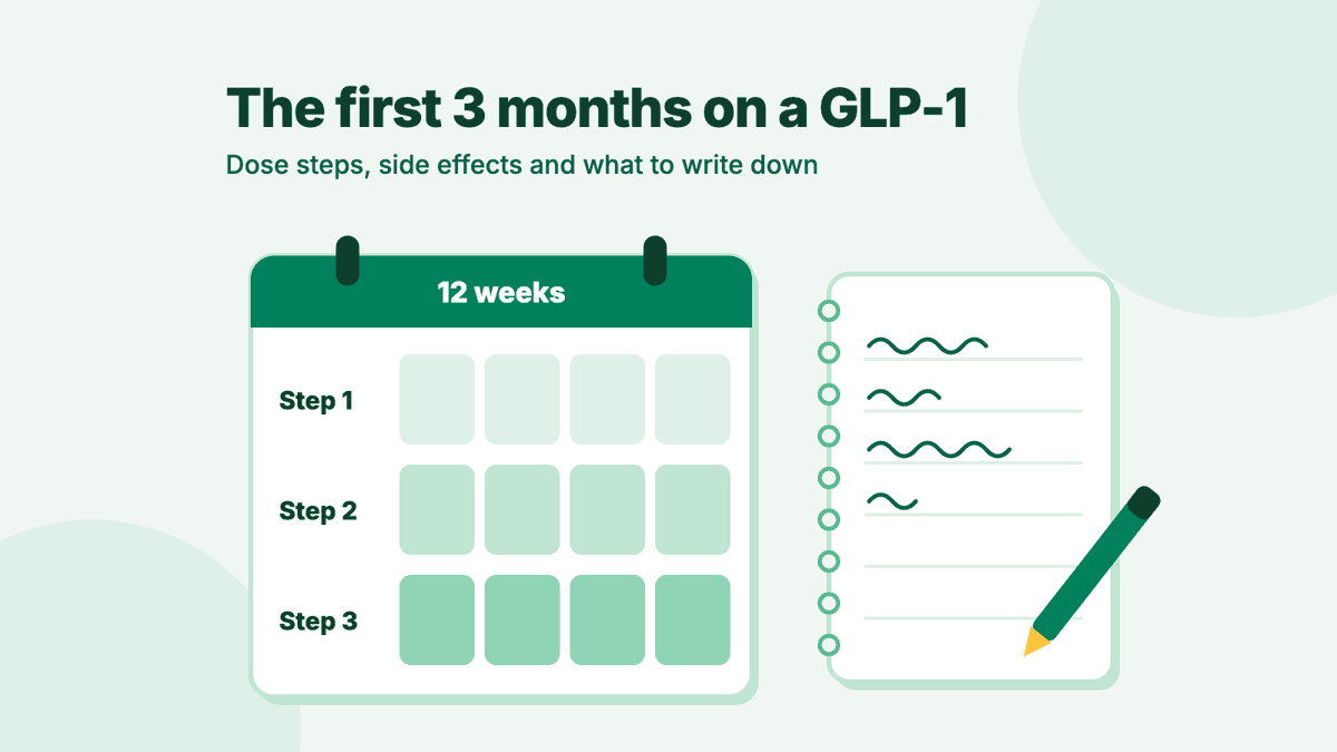 A calendar of 12 weeks split into three rows, step 1, step 2 and step 3, each a shade darker than the last, beside an open notebook and a pen.