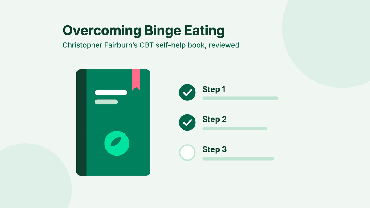 A green book with a pink bookmark, beside a list of three steps, the first two ticked.
