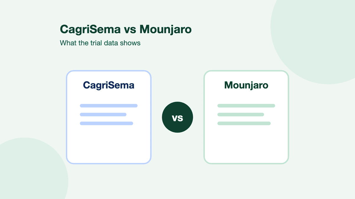 Two cards labelled CagriSema and Mounjaro on either side of a dark circle reading vs.