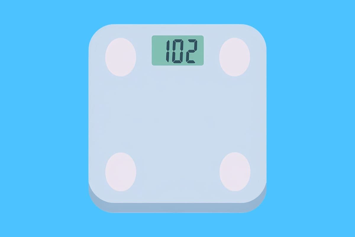 A flat illustration of a white digital bathroom scale on a bright blue background, its green display lit with a number.
