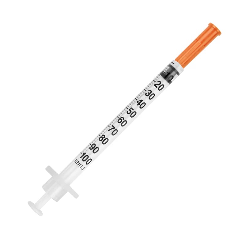 U-100 insulin syringe scale (100 units = 1 mL) for Mounjaro UK conversion to mL and units.